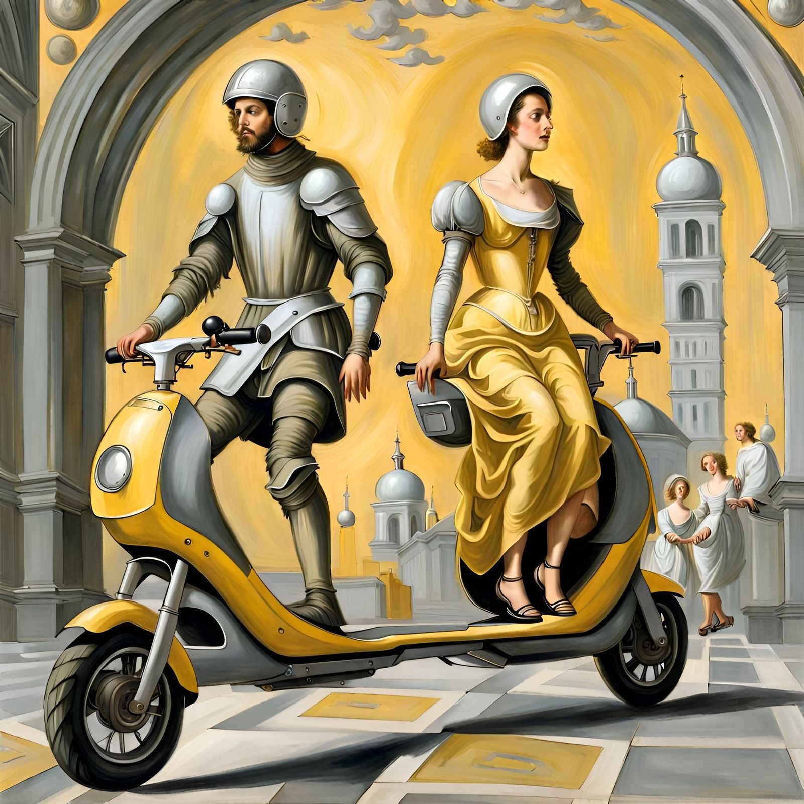 Renaissance Couple on Hover Scooters in Painting