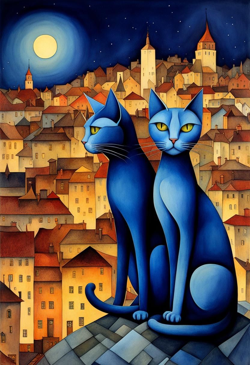 Gediminas Pranckevicius   paint fantasy two cats in city into the night, watercolor and ink imperial colors, Art Deco by...