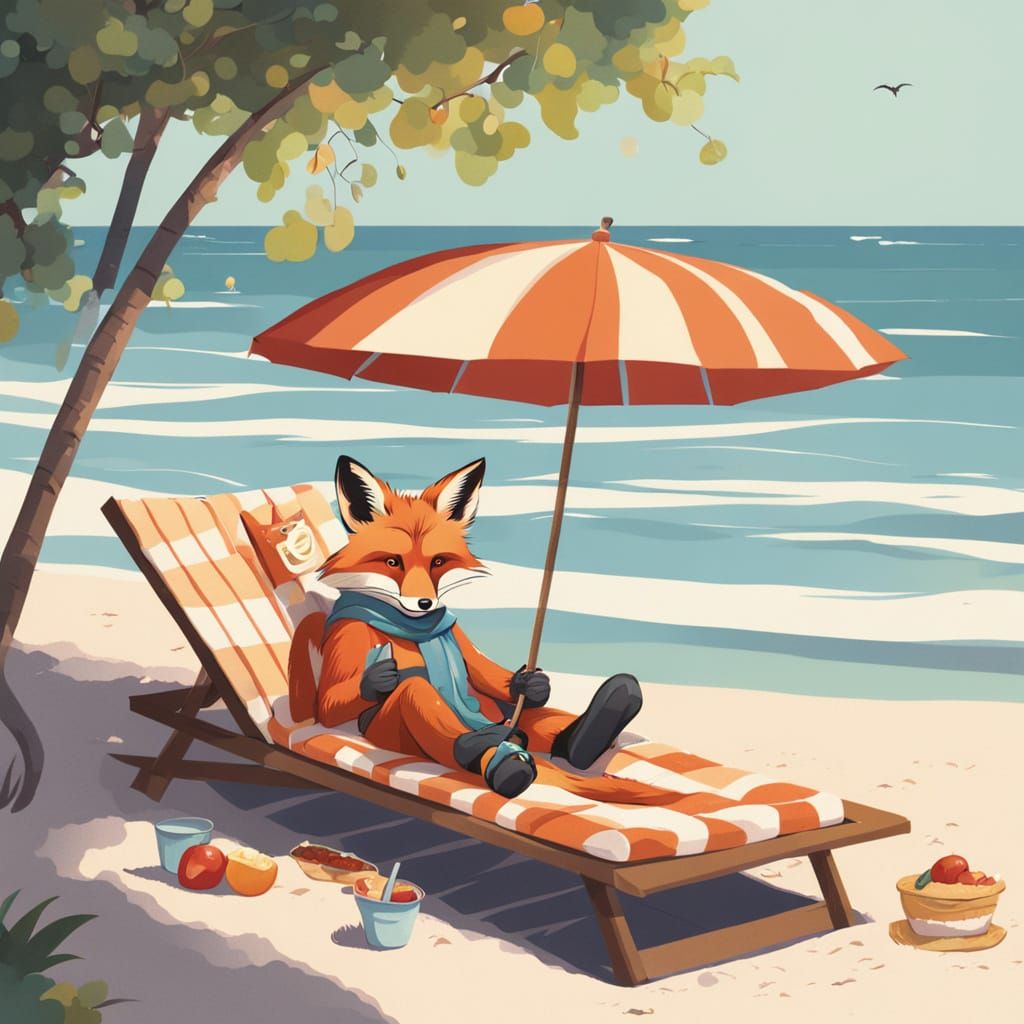 Fox on Beach Lounger Under Umbrella, Cartoon Style
