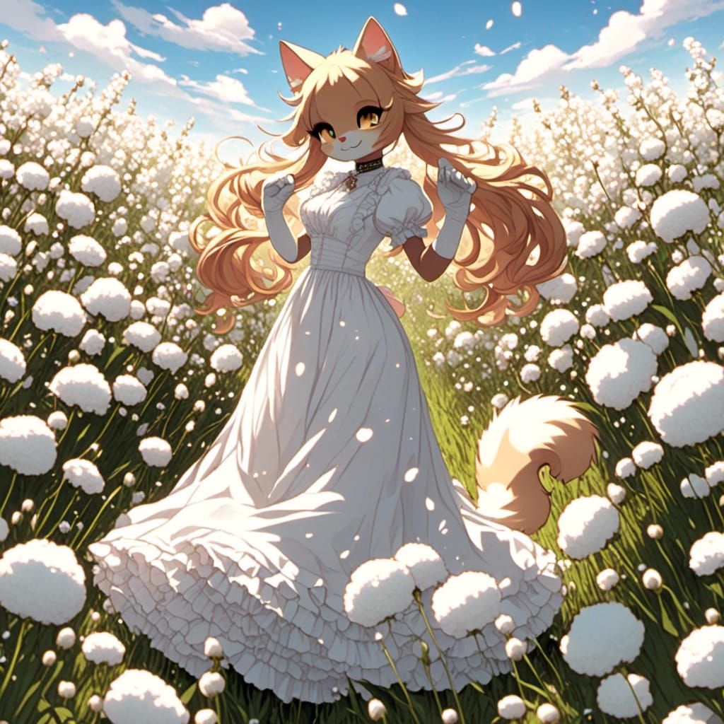 Cute Cat Girl Dancing in Cotton Field