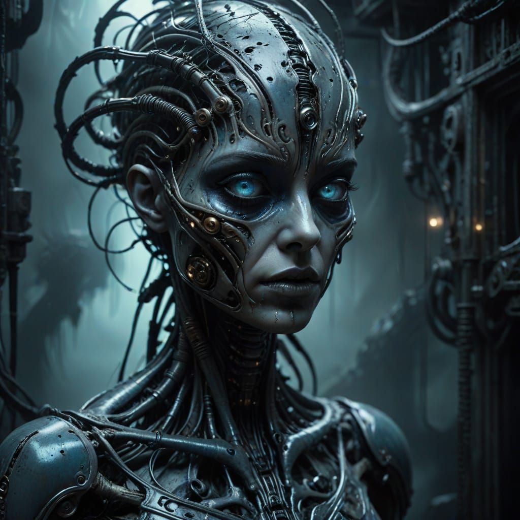 Surreal Biomechanical Portrait in Dark Fantasy Style