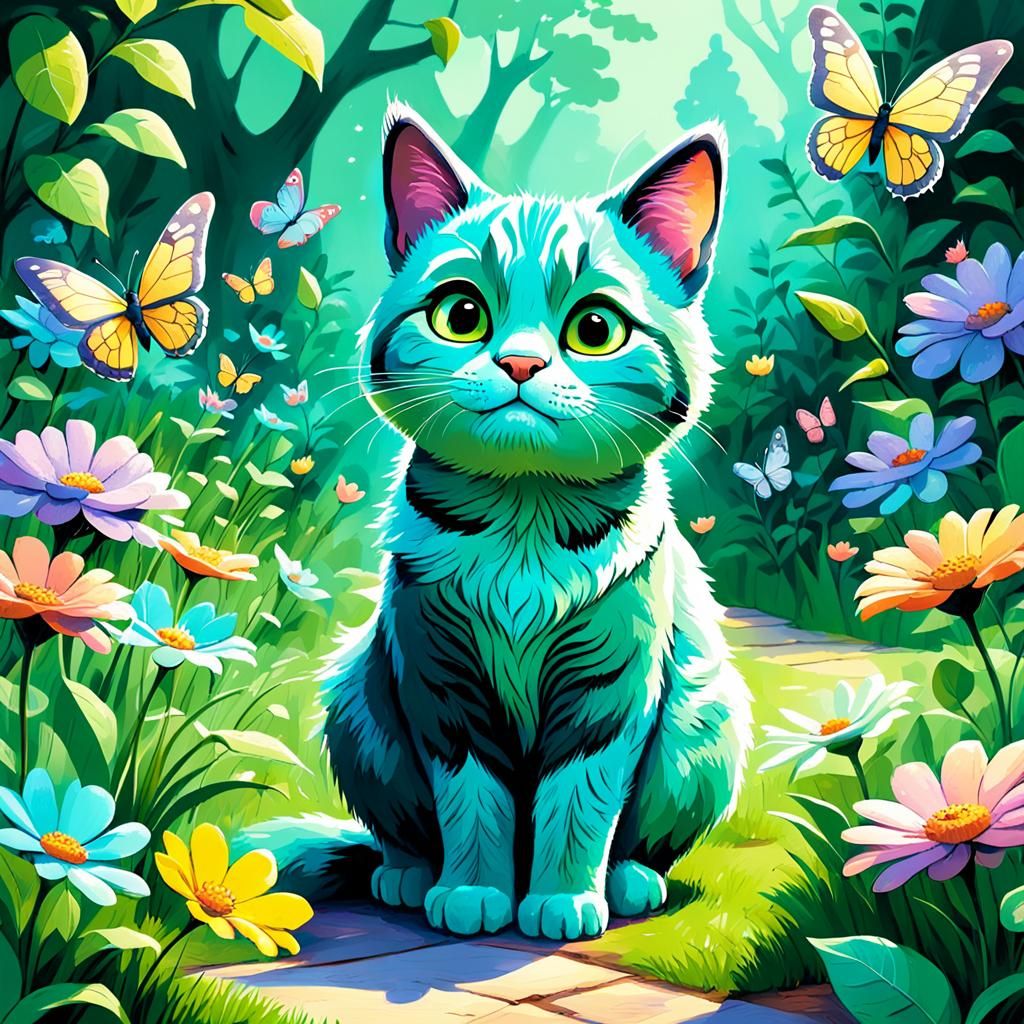 Kitten's Butterfly Chase: A Disney Pixar-Style Garden Scene