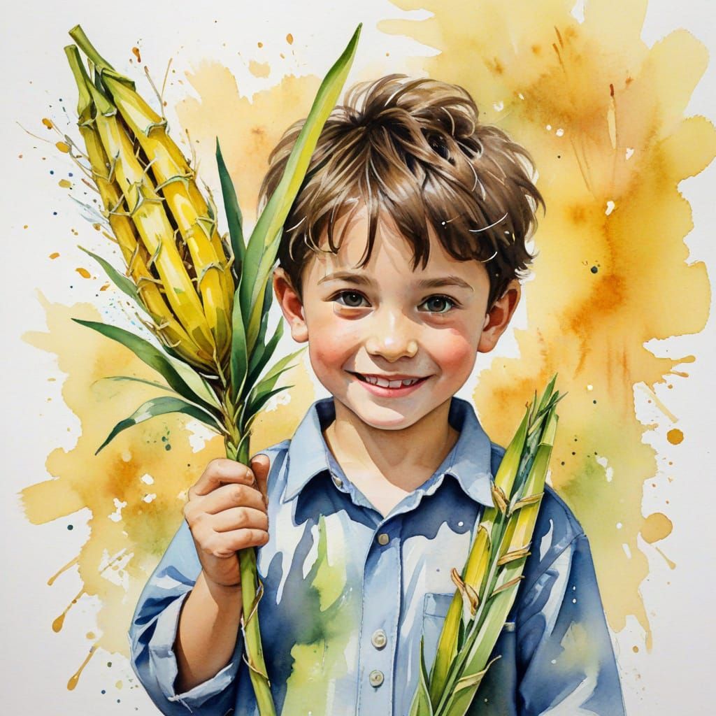 Joyful Child Holding Lulav and Etrog in Watercolor