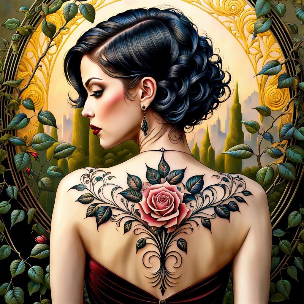 Art Deco Rose Tattoo on Beautiful Woman