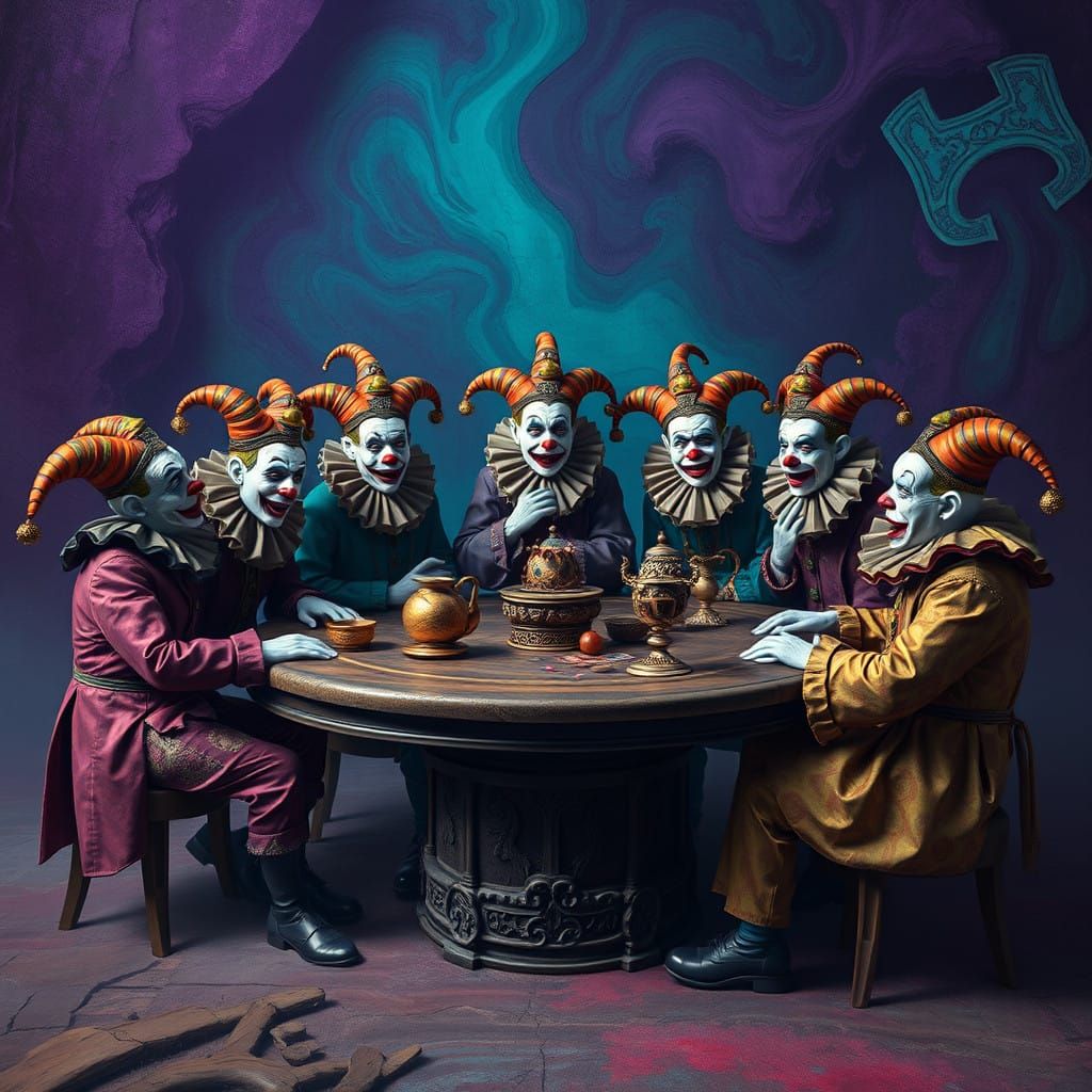Mystical Clowns Gather in Whimsical, Dreamlike Scene