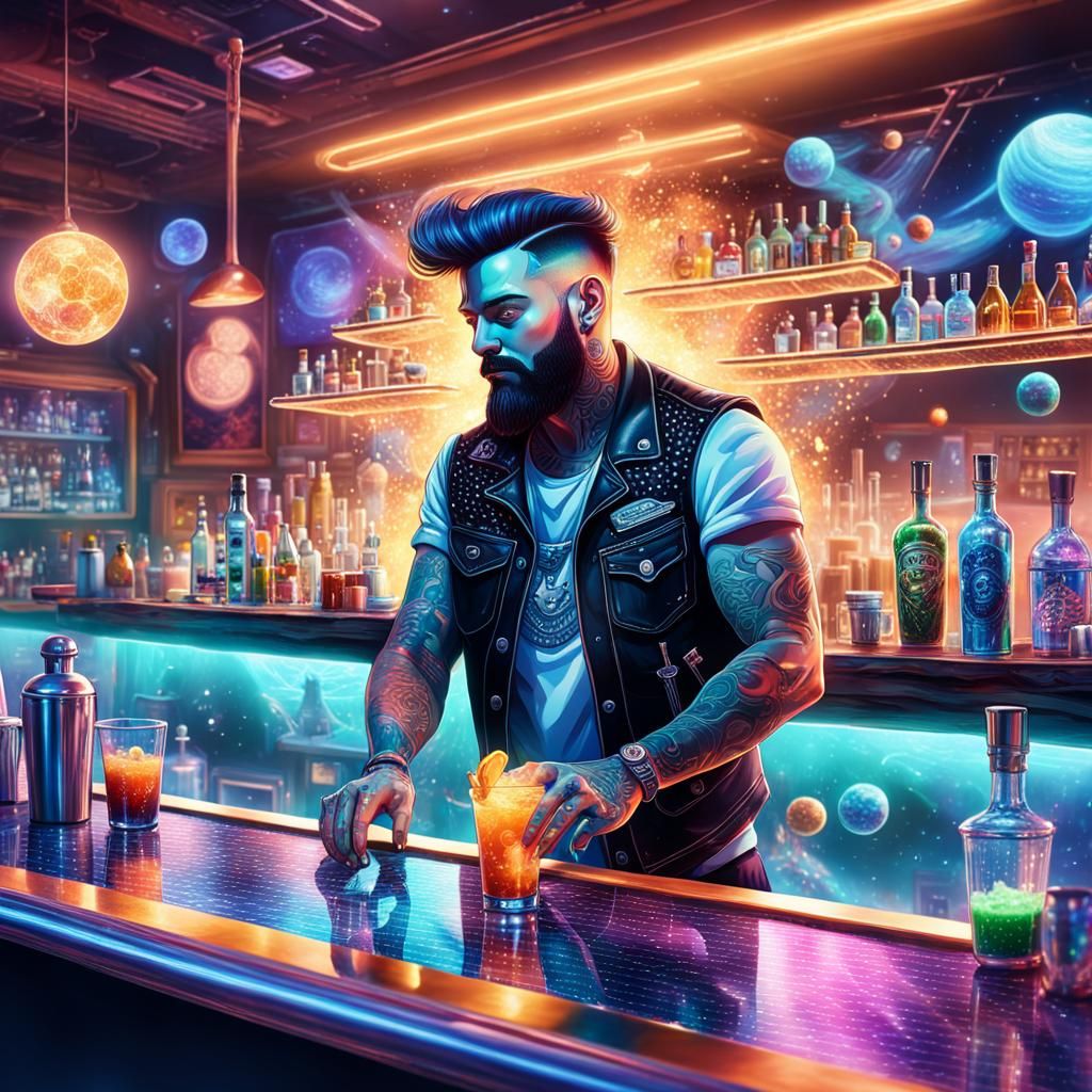 Tattooed Rocker Bartender in Space Bar