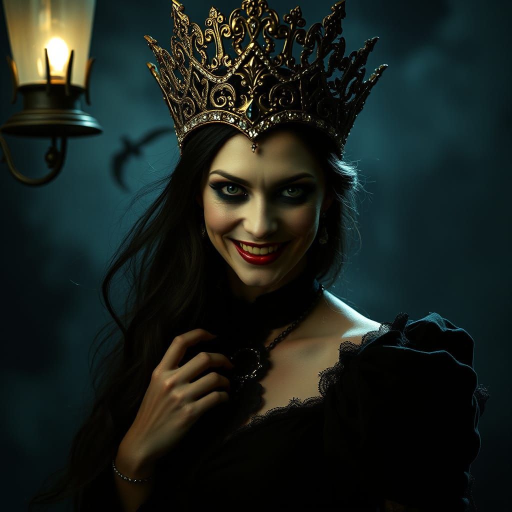 Ethereal Vampire Queen Reigns in Dark Cinematic Splendor