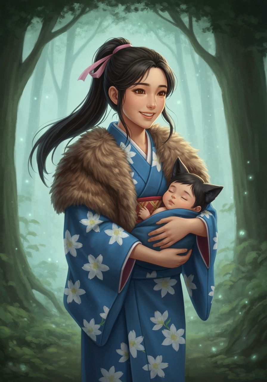 Japanese Woman with Wolf-Eared Baby in Misty Forest