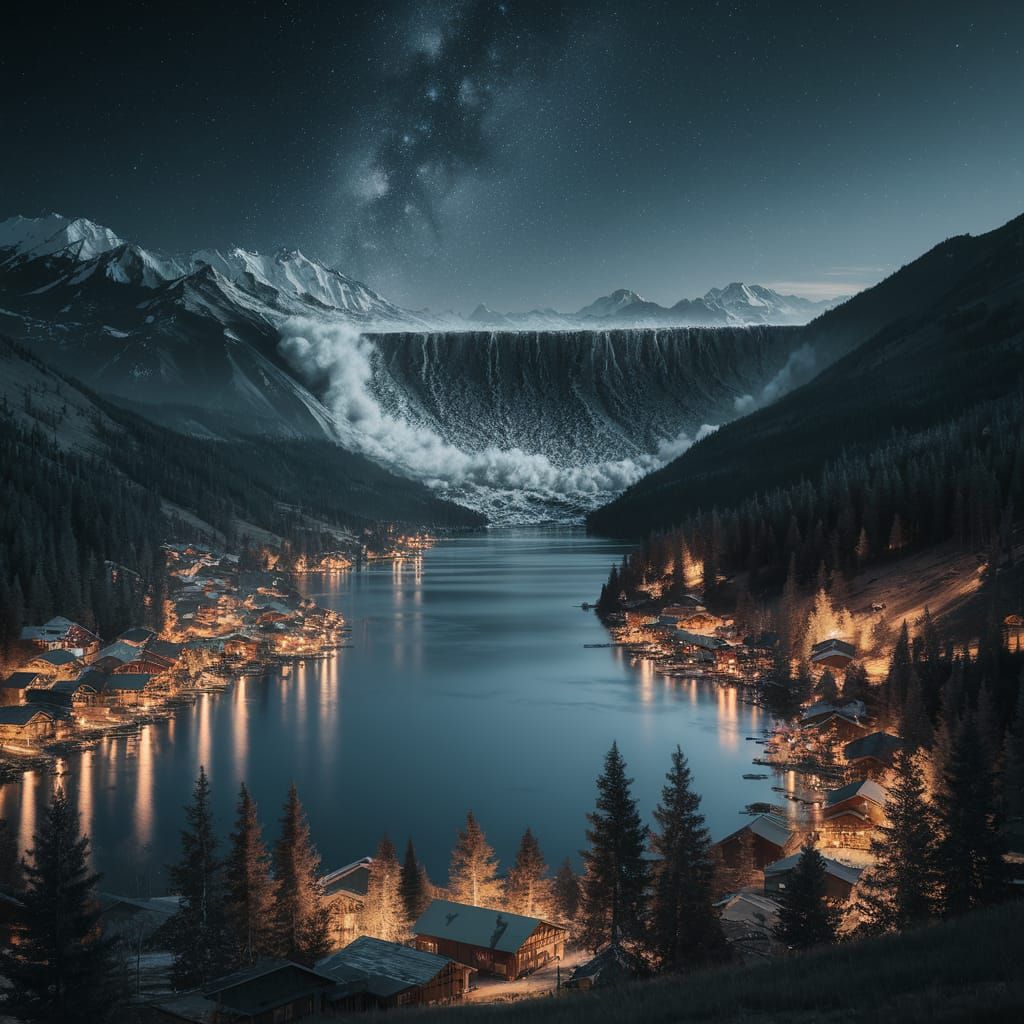 Nightfall: Village Lights and Looming Landslide