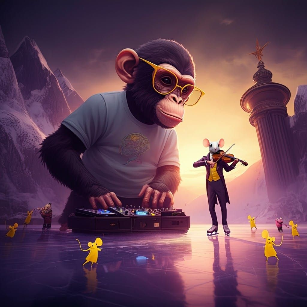 DJ Monkey and Violinist Dog Skating at Sunset