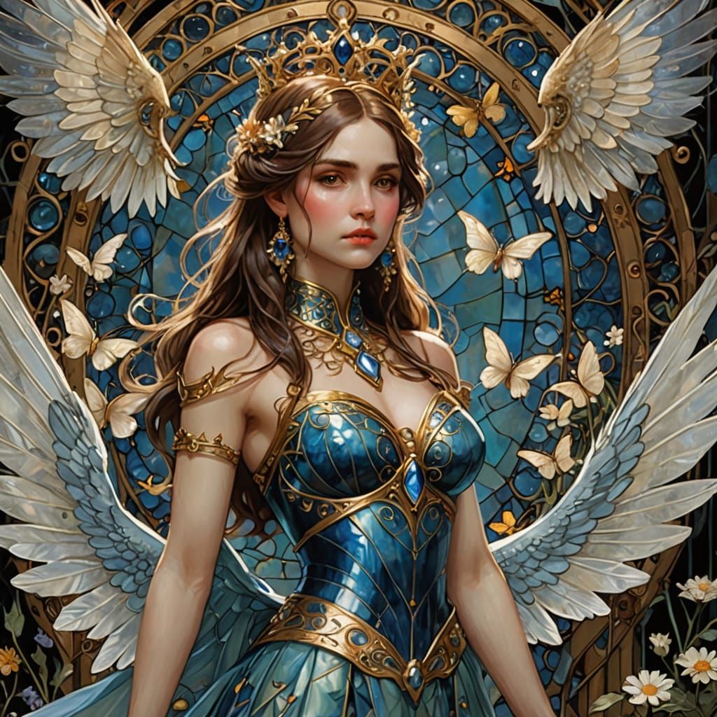 Mythical Queen with Wings of Stained Glass Beauty