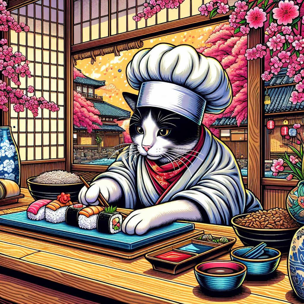 Cat Chef Prepares Sushi in Japanese Comic Style