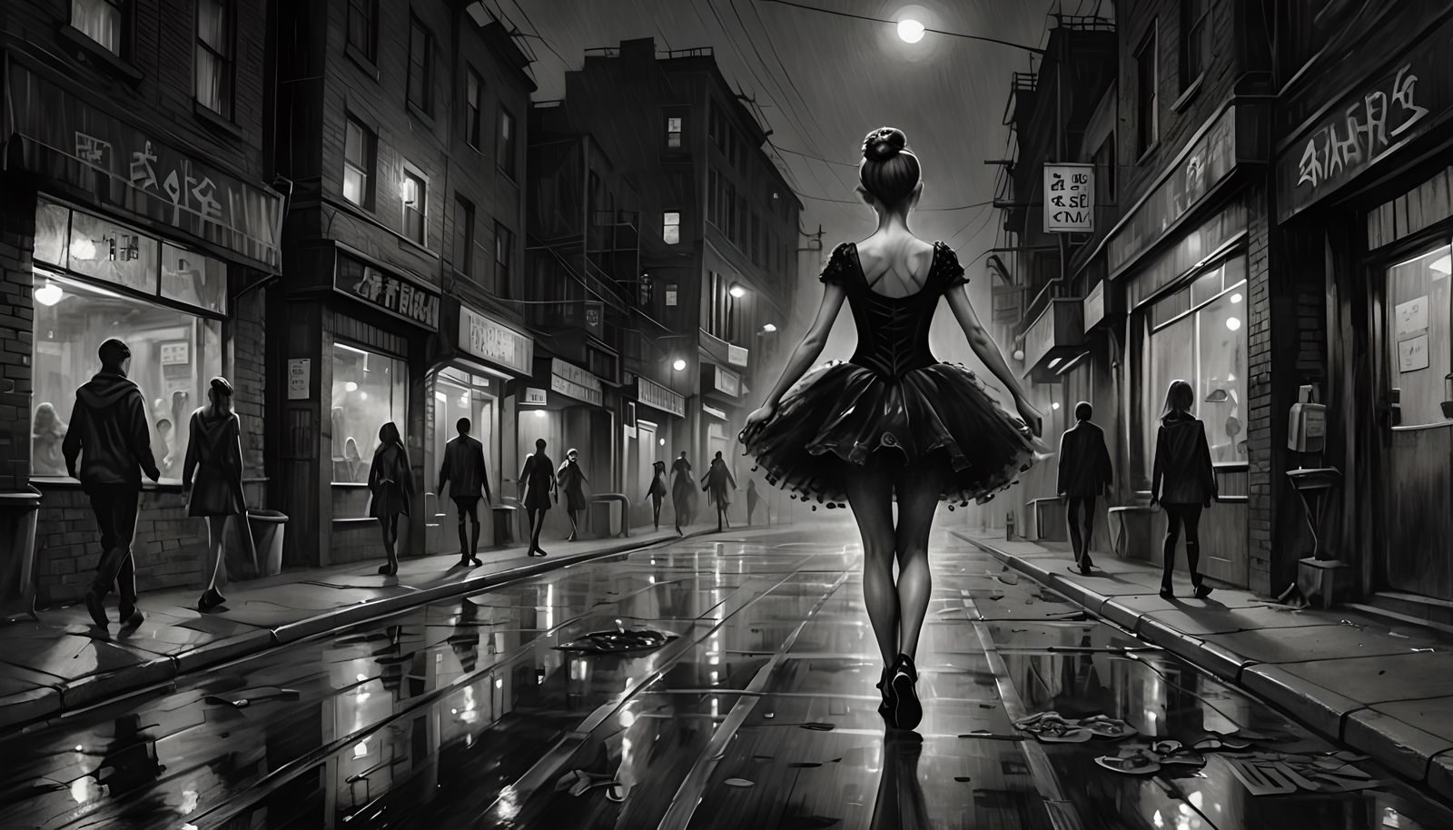 Creepy Ballerina in Dystopian City: Charcoal Sketch