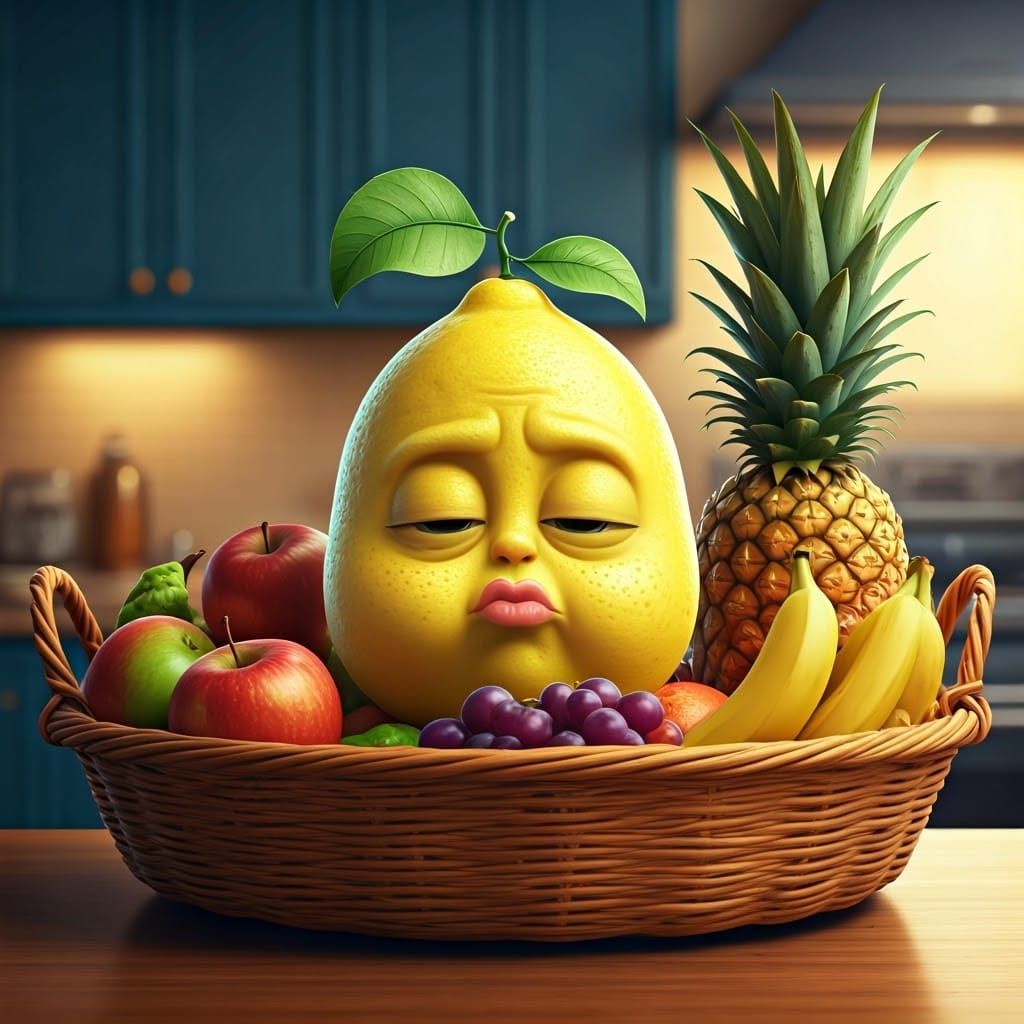 Cute Cartoon Baby Lemon with Sour Face in Modern Kitchen