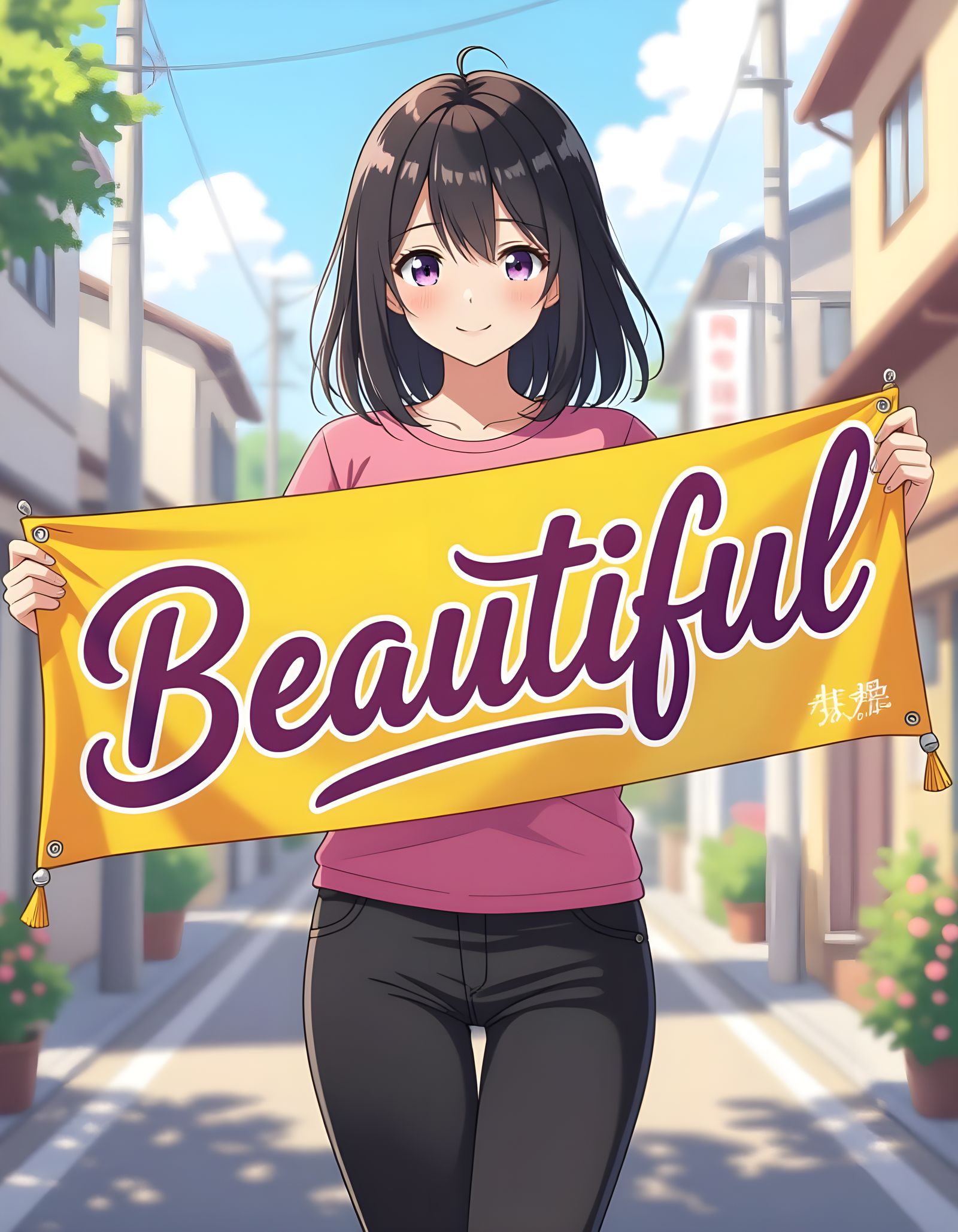 Anime Girl Holding a Banner that Reads 'Beautiful'