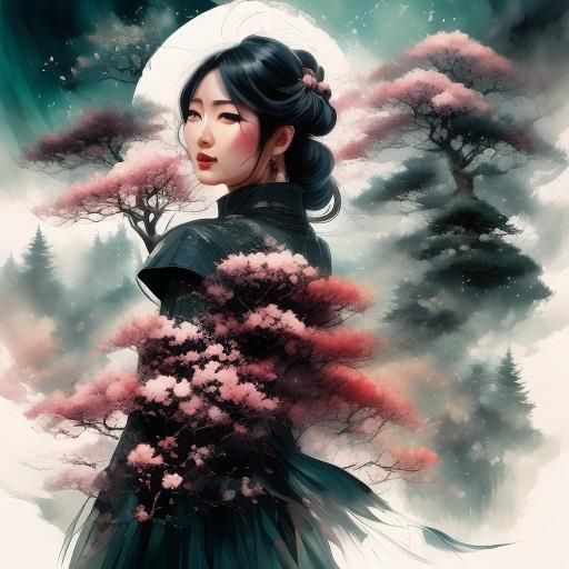 Intricate Double Exposure Portrait of Girl with Nature Eleme...