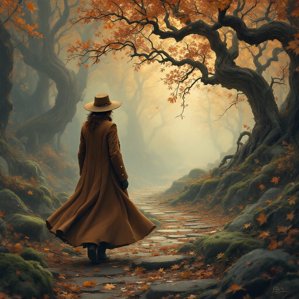 Autumnal Figure Walks Through Mystical Forest