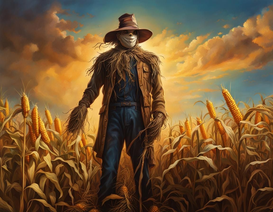 Hyperrealistic Scarecrow in Cornfield Splash Art