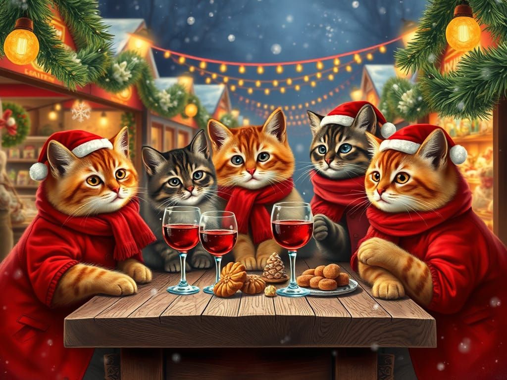 Whimsical Winter Cats Gather at Christmas Market