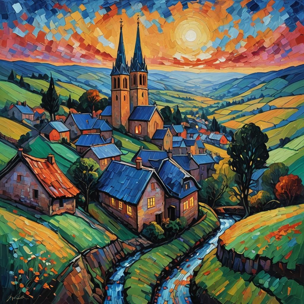 Neo-Impressionist Valley at Twilight in Expressionist Style