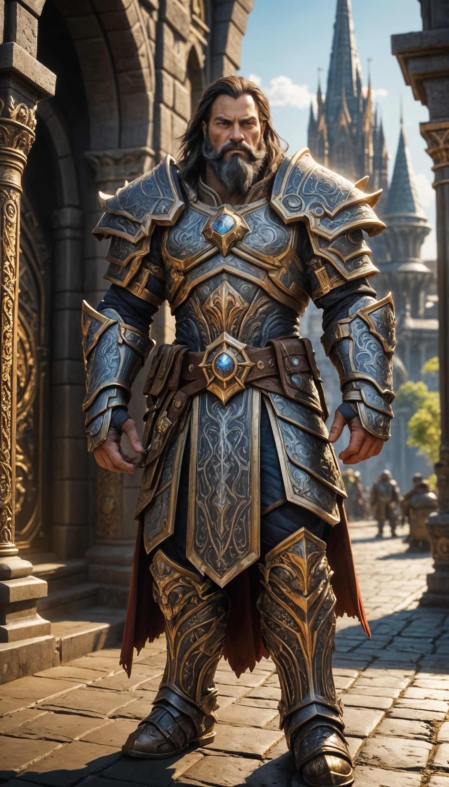 Warcraft Style King in Regal Armor Stands Before Fantasy Cap...