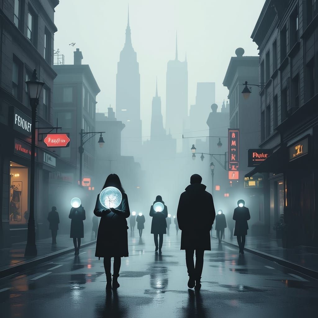 Surreal City Scene with Memory Orbs