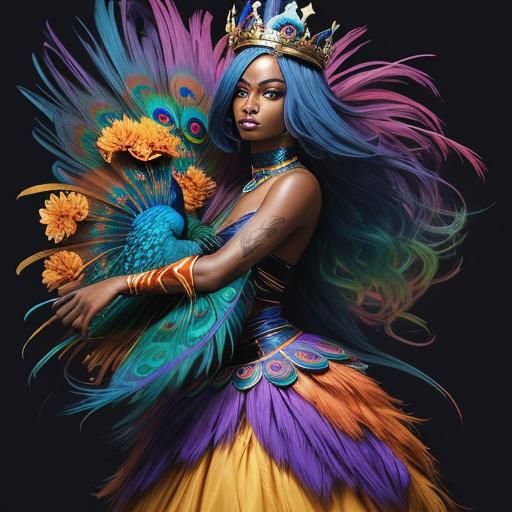 Glamorous Woman with Peacock Feathers, Comic Book Art