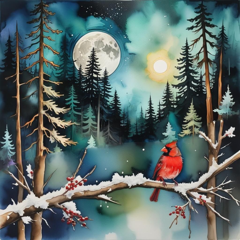 River in Forest with Moon, Impasto Painting