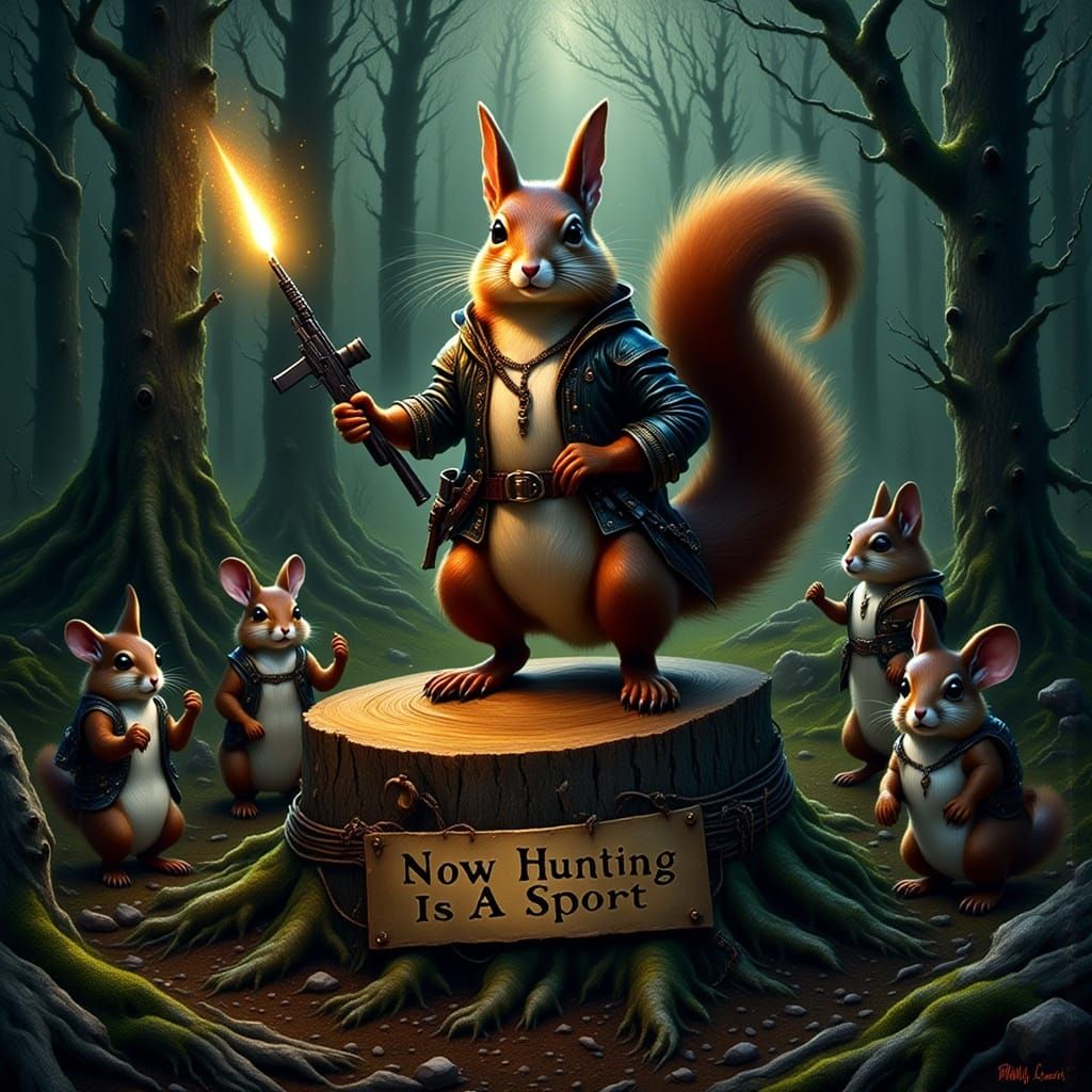 Anthropomorphic Squirrel Celebrates Victory in Forest Cleari...