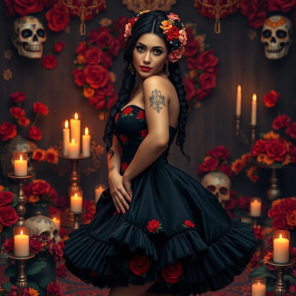 Stunning Day of the Dead Goddess in Black Embroidered Dress