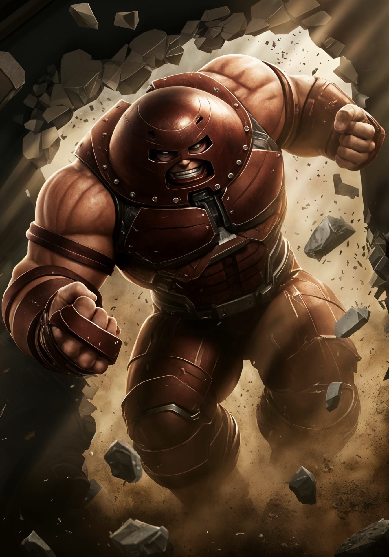 Juggernaut Bursts Through a Wall in Hyper-Realistic Style