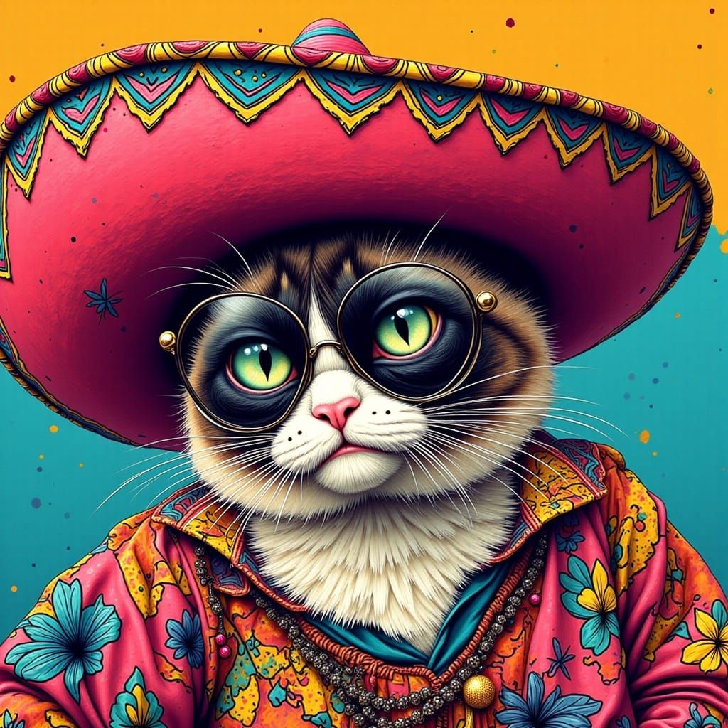 Grumpy Cat in Sombrero with Pop Art Flair