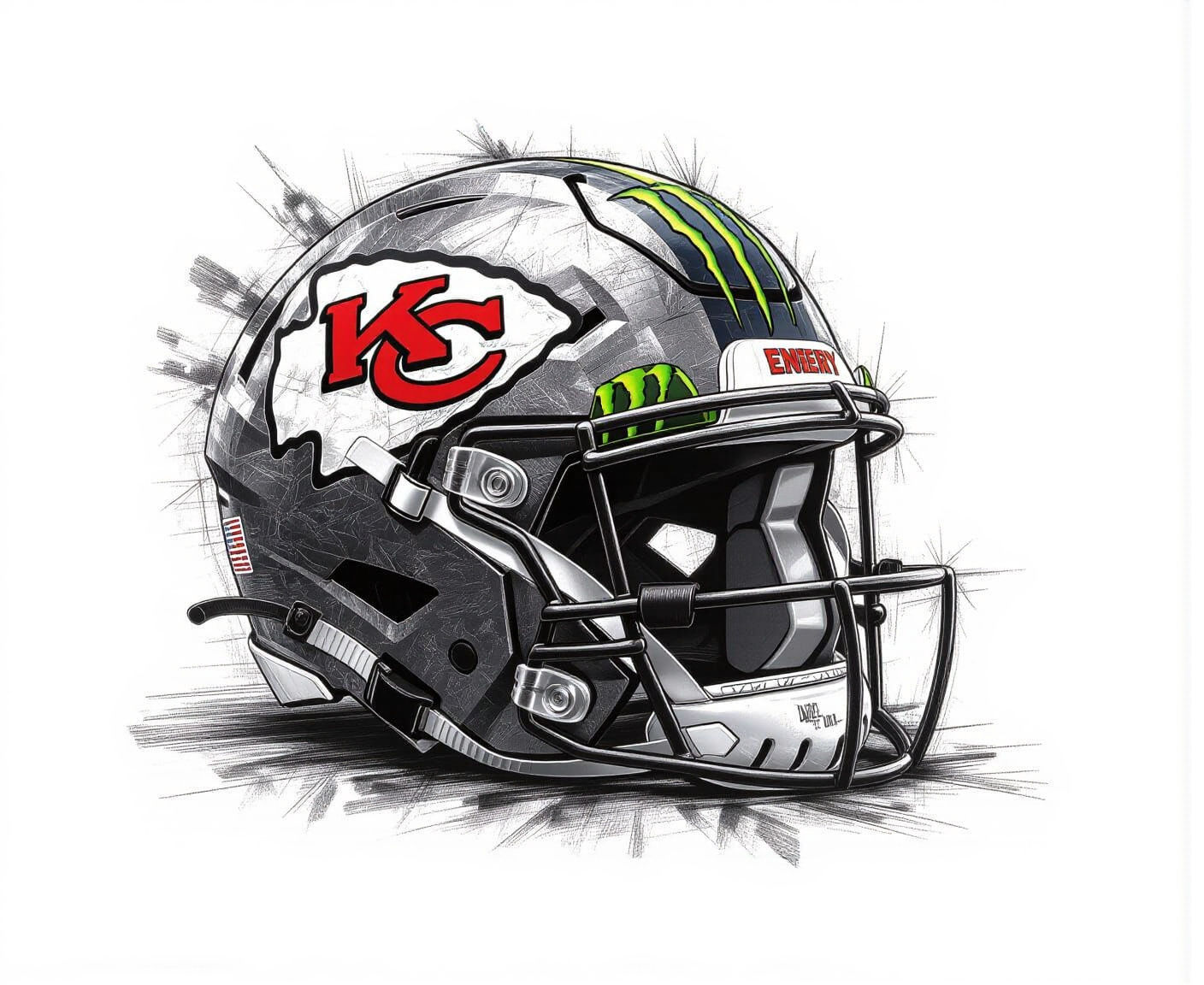 Chiefs and Monster Logos on Helmet, Charcoal Drawing