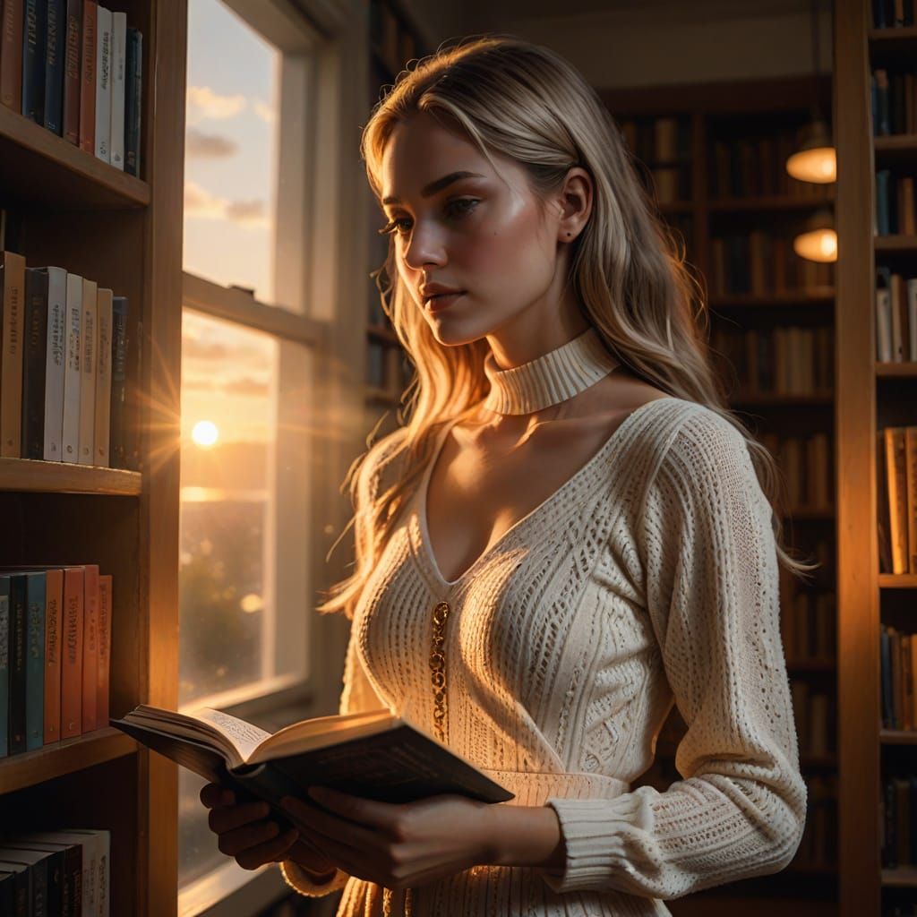 Woman in Knitted Dress Reading in Modern Library at Sunset