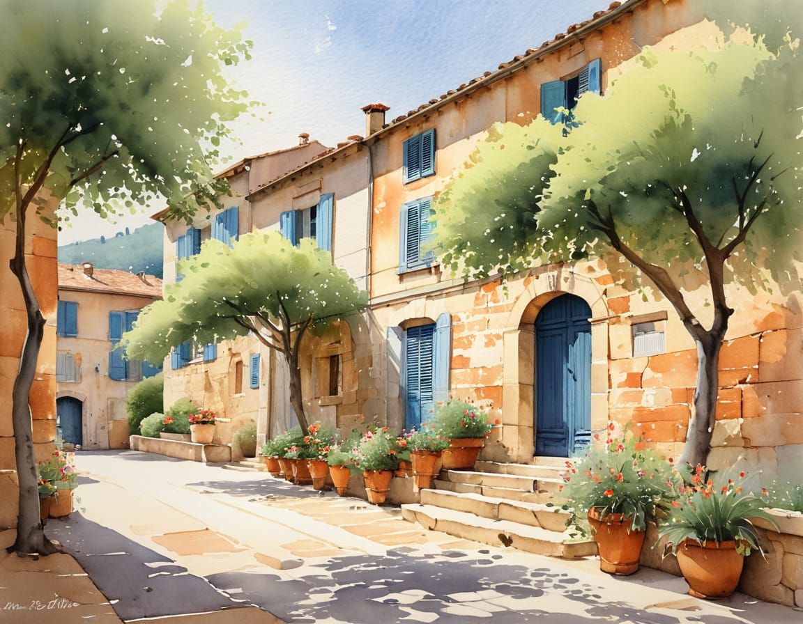 South of France Village in Spring Watercolor