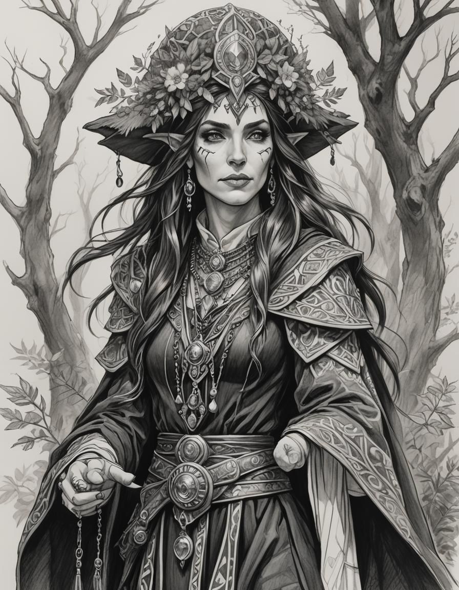 Detailed Pencil Sketch of a Druid Sorceress
