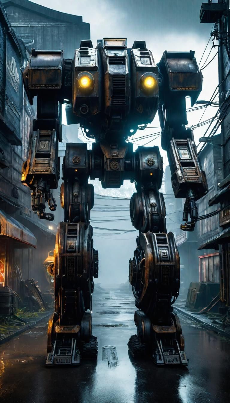 Cyclops Mechwarrior in Post-Apocalyptic Cityscape