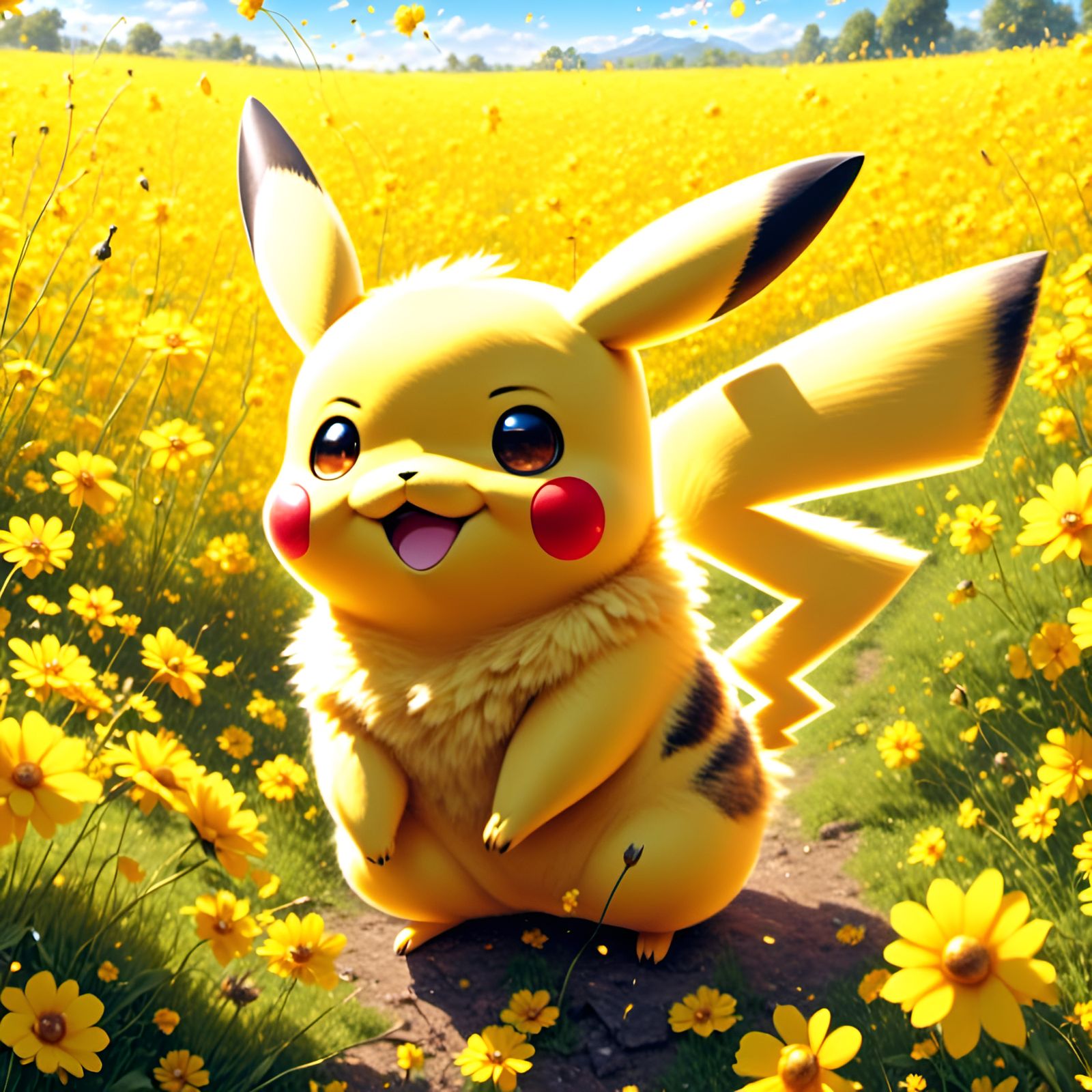 Happy Pikachu with Yellow Heart in Flower Field