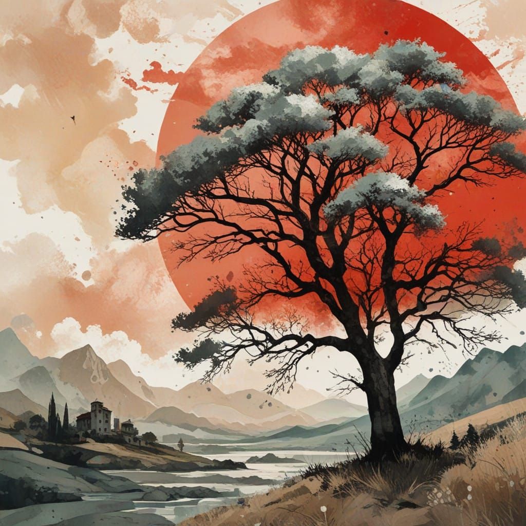 Ethereal Landscape with a Lone Tree in a Cosmic Setting