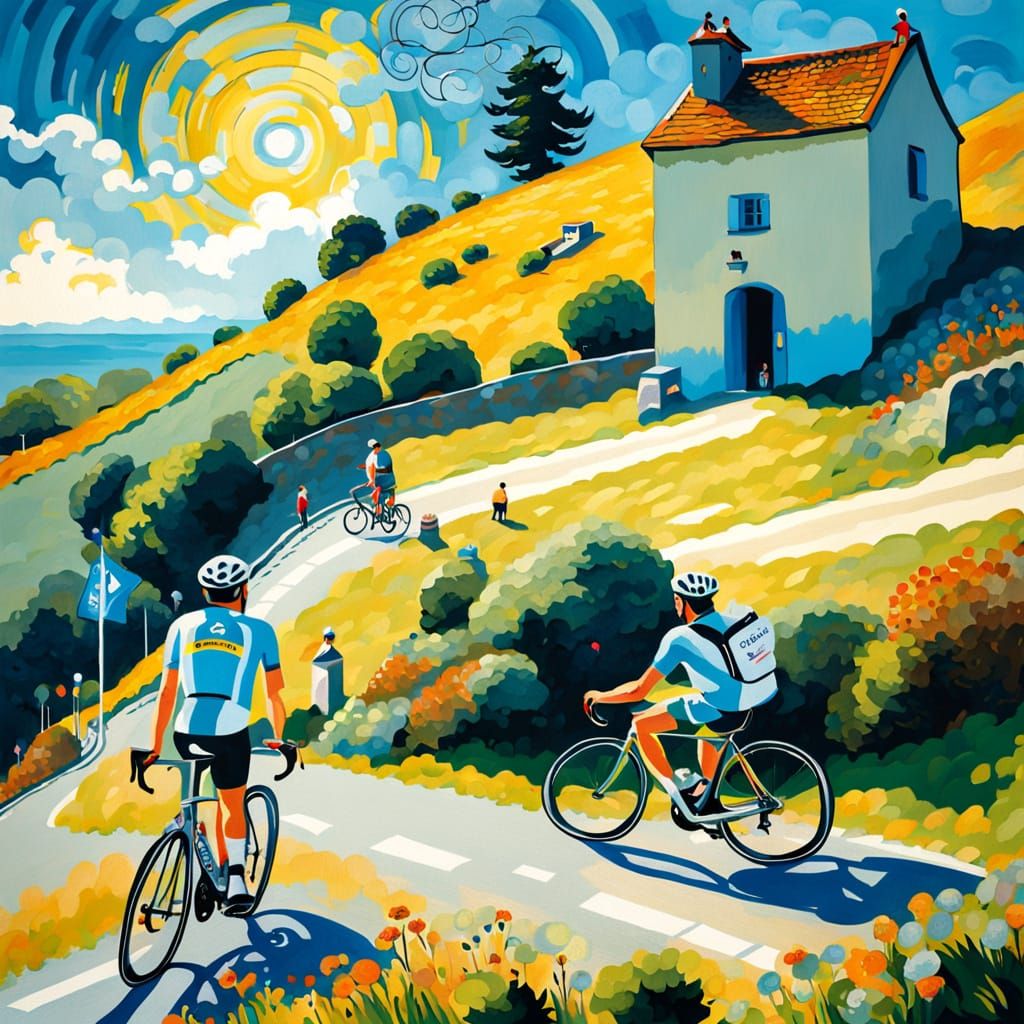 Cyclists Climb Mont Ventoux in Impressionist Style