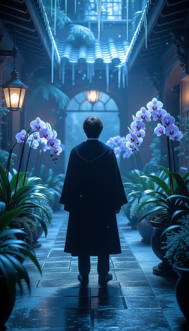 Harry Potter in an Icy Orchid Garden in 8k