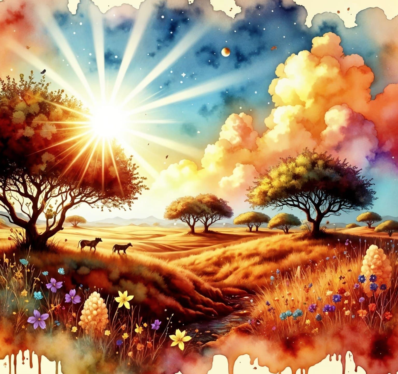 Warm Savannah Scene in Hyper-Maximalist Style