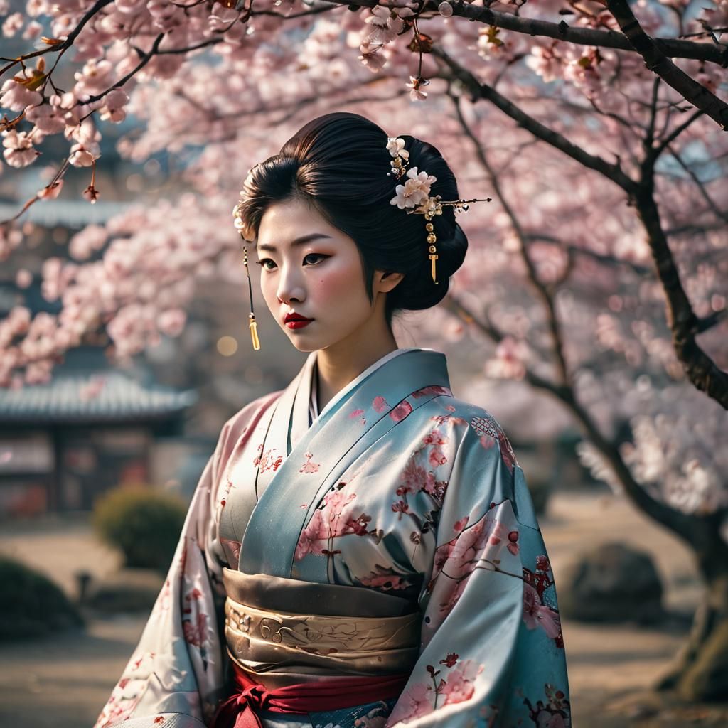 Geisha Behind Cherry Blossoms in Ornate Kimono