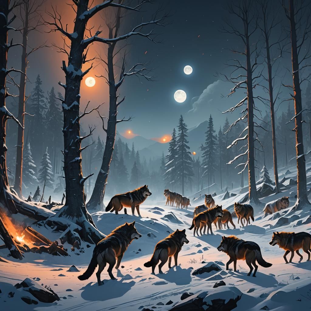 Wolf Pack Battle Under Moonlight in Fantasy Art Style