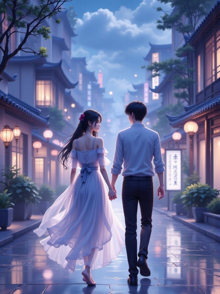 Romantic Couple Walking at Night in Donghua Style