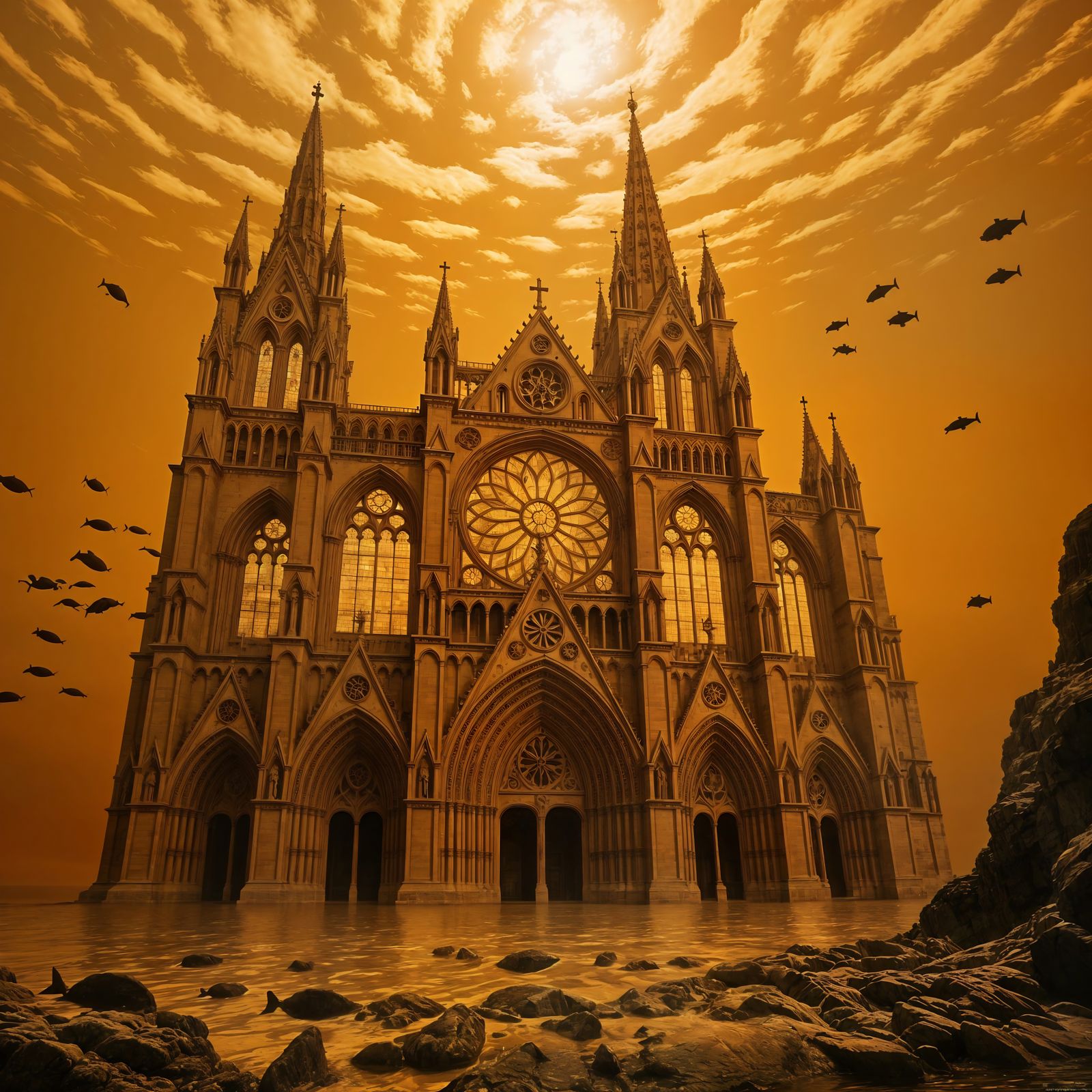 Submerged Cathedral with Bioluminescent Fish