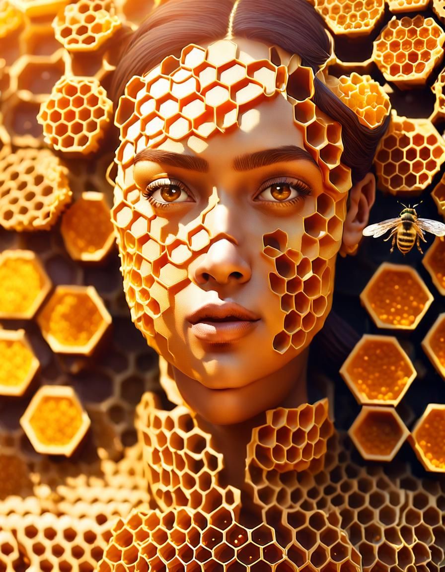 Honeycomb Girl Portrait with Honey Bee Head