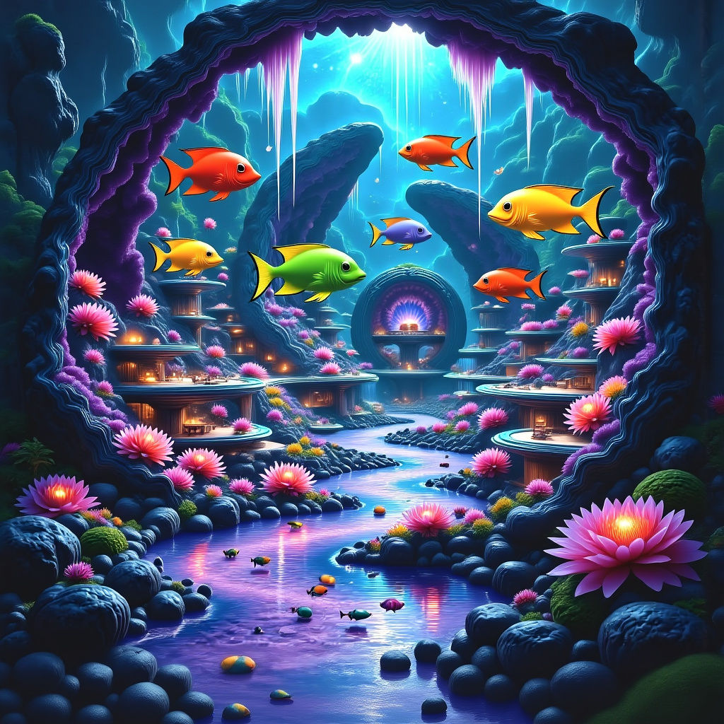 Vibrant Coral Reef City Inside a Colossal Geode