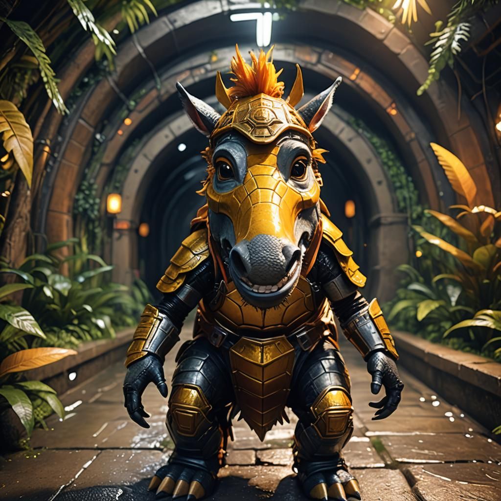 metallic yellow orange donkey turtle knight with friendly cute face