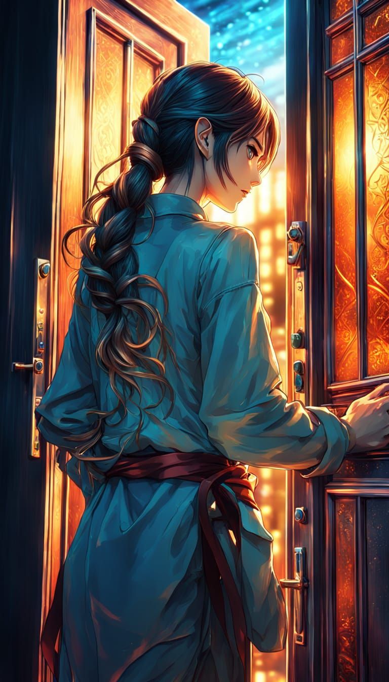 Woman with Door in Anime Style Digital Art